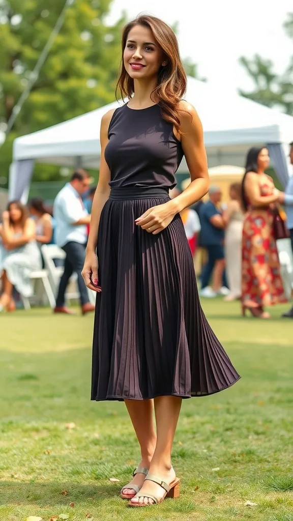 A woman in a sleek black midi skirt and fitted top enjoying wine at an outdoor event.