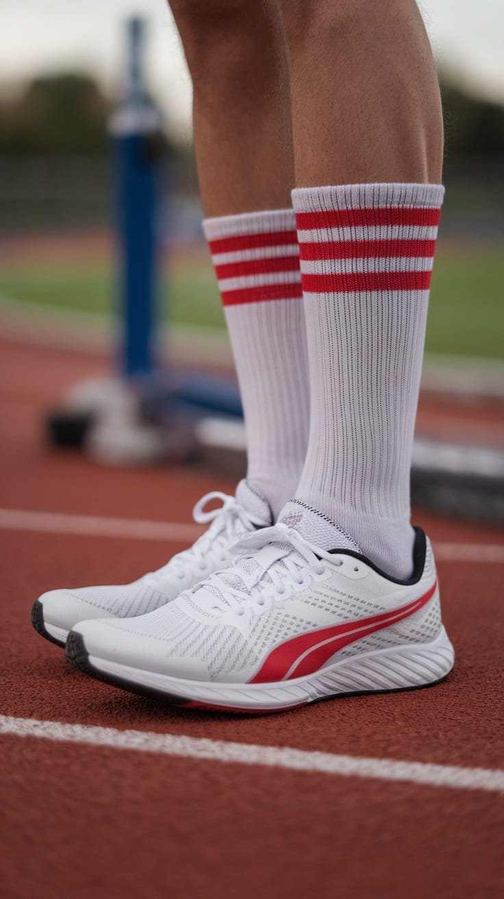 A close-up of white sneakers with red accents and sporty white socks with red stripes on a running track.