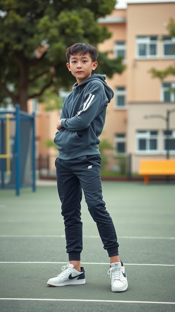 A young boy wearing a dark hoodie and joggers poses confidently in a sporty outfit.