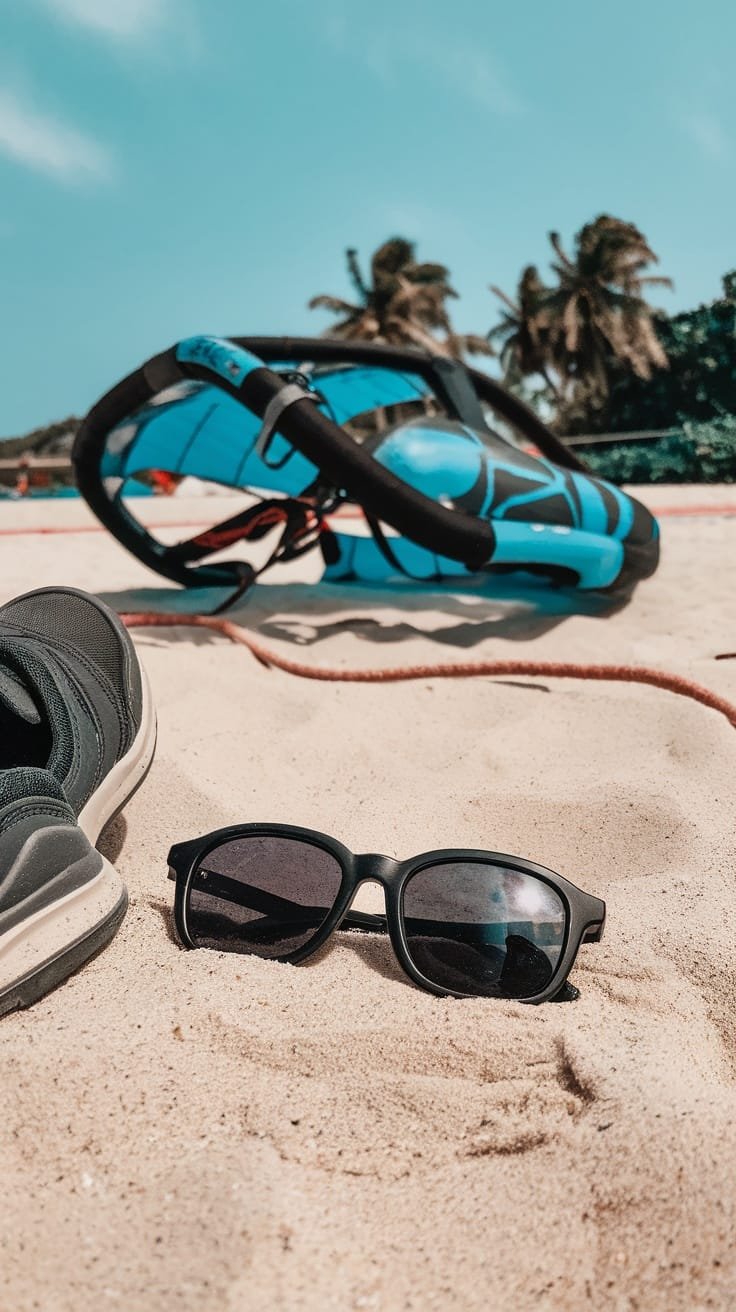 A pair of sporty sunglasses on the beach sand, with a water sports harness in the background.