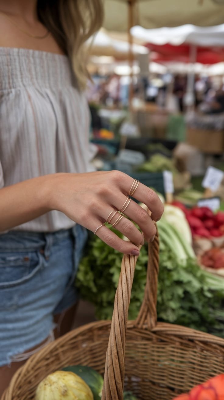 A hand with stacked thin gold rings holding a wicker basket, wearing an off-the-shoulder dress.
