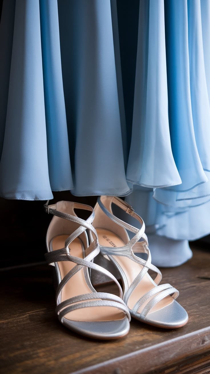 Strappy silver sandals placed under a flowing blue dress