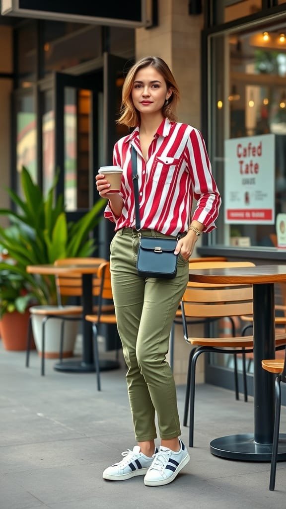 A woman wearing a red and white striped button-down shirt with olive green pants, holding a coffee cup.