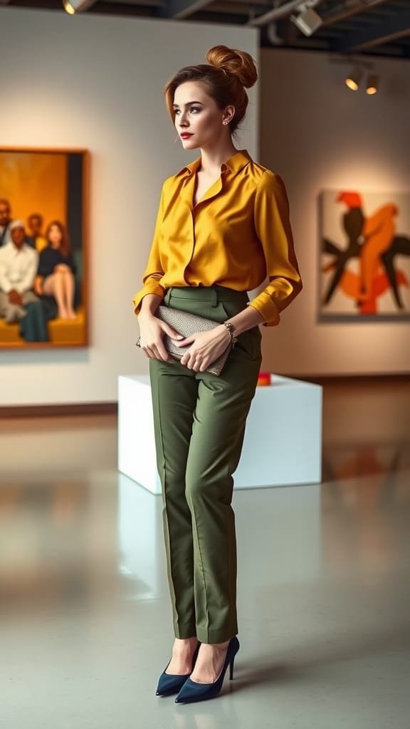 A stylish woman wearing a mustard structured blouse and olive green pants in an art gallery setting.