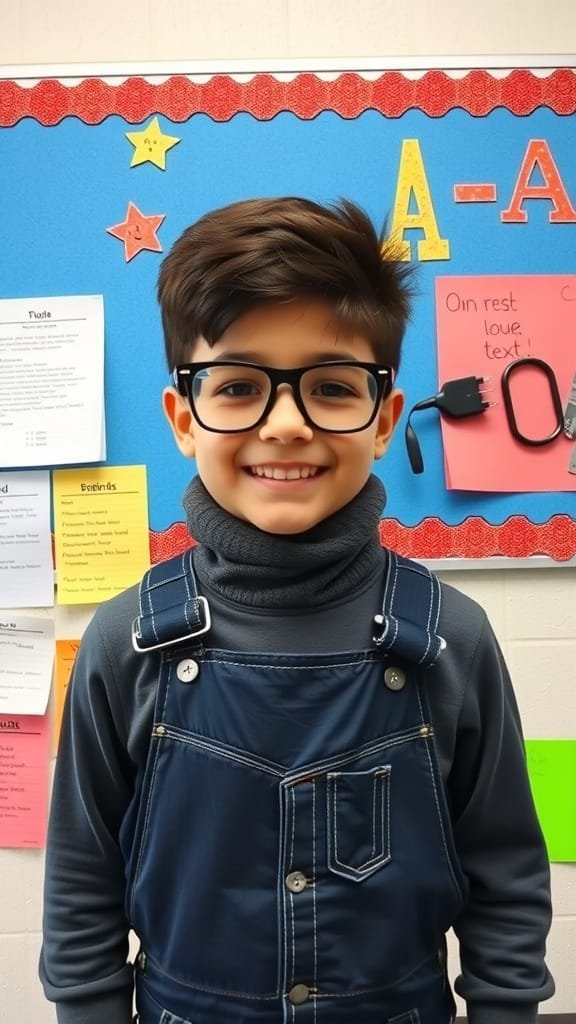 A smiling child wearing dark blue overalls and a gray turtleneck with thick-rimmed glasses, standing in front of a colorful school bulletin board.