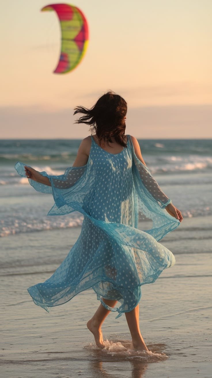 A woman spinning joyfully on the beach in a light blue polka dot cover-up dress, with a colorful parachute in the background.