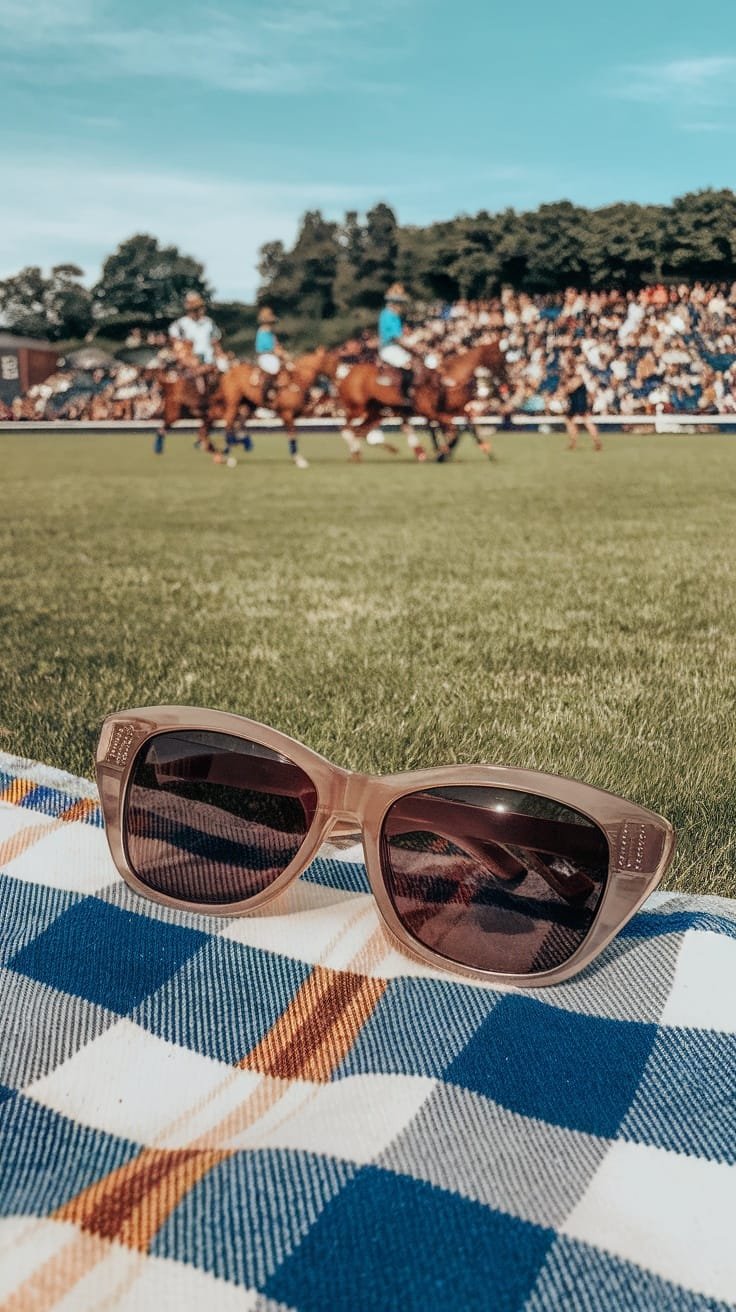 A stylish pair of sunglasses on a picnic blanket with polo players in the background.