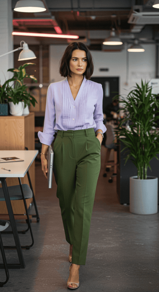 A woman wearing a lavender tailored blouse and olive green pants, standing confidently in a modern office setting.