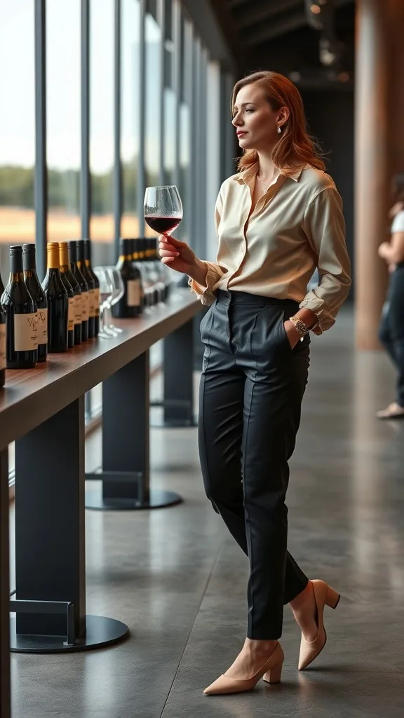 A woman in tailored trousers and a silk blouse enjoying a glass of wine in a vineyard setting.