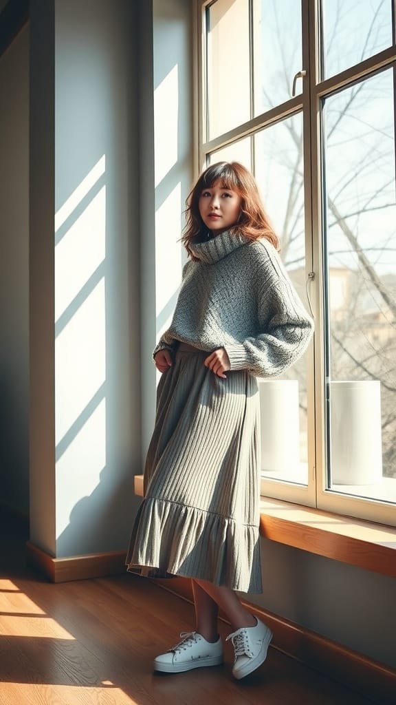 A young woman wearing a chunky knit sweater and a trendy midi skirt, standing by a window in a well-lit room.