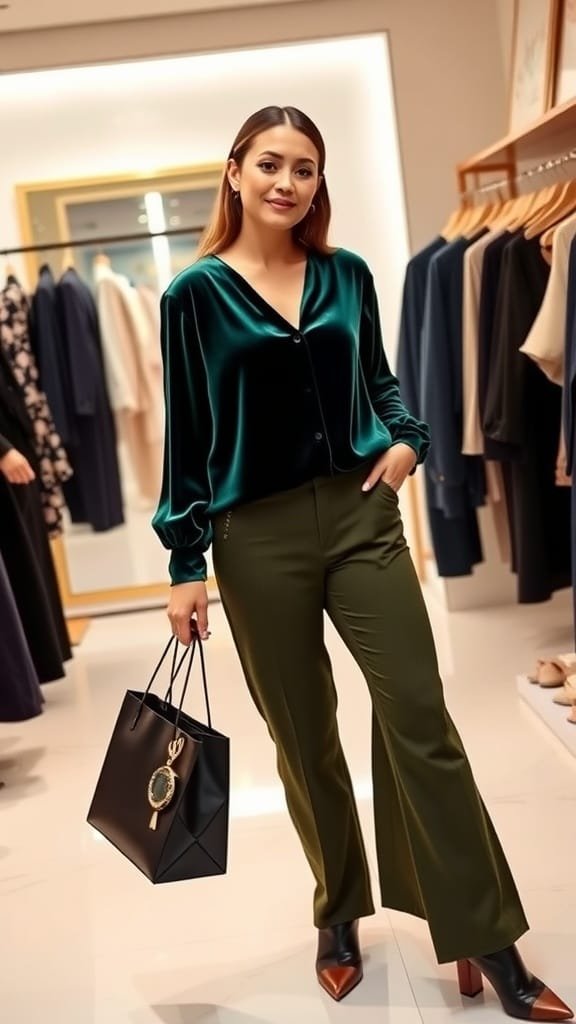 A woman wearing an emerald velvet blouse with olive green pants, holding a stylish black bag.