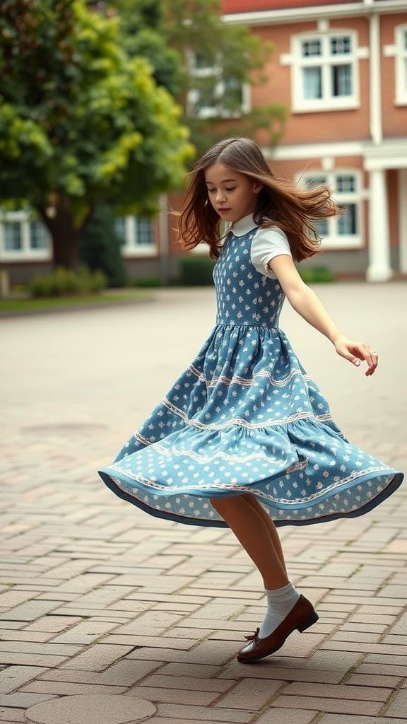 A girl twirling in a vintage-inspired blue midi dress with floral patterns, wearing a white shirt and brown shoes.