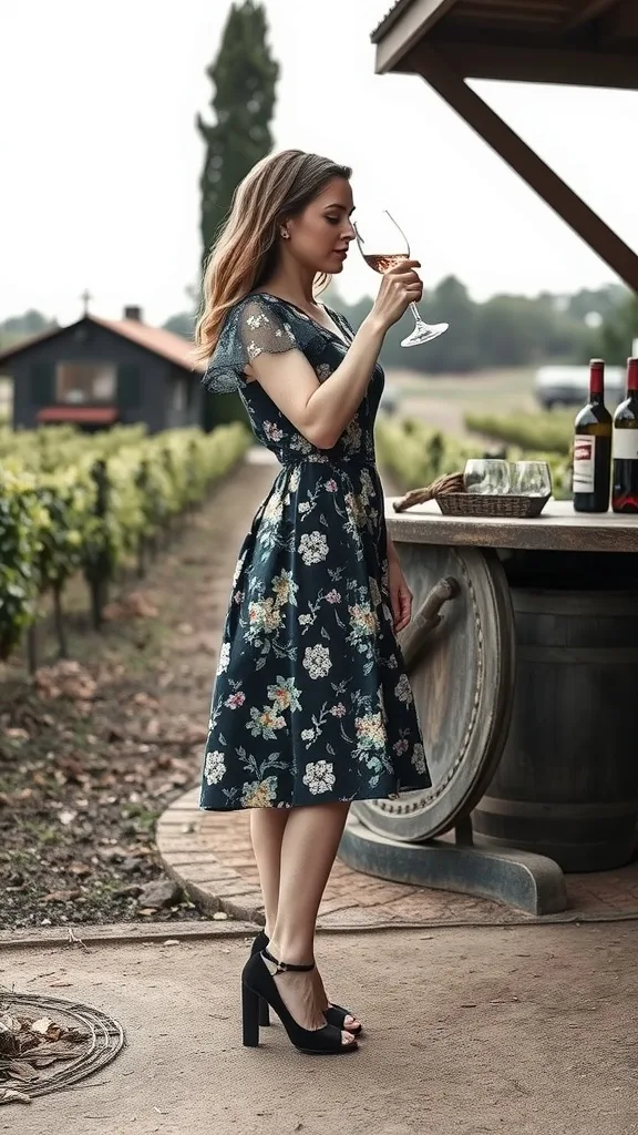 A woman in a vintage-inspired floral tea dress holding a wine glass, standing in a vineyard.