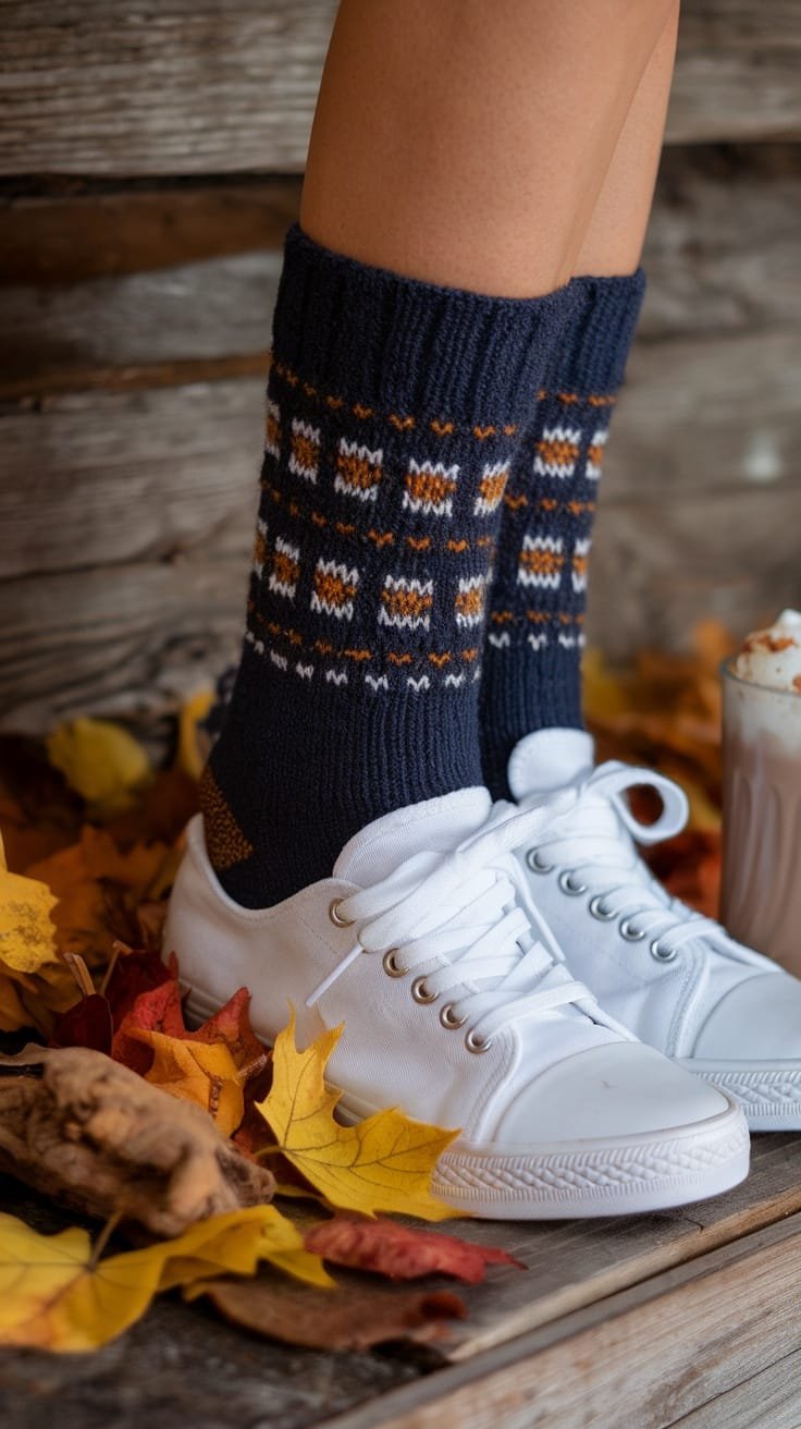 A close-up of white sneakers paired with patterned navy wool socks, surrounded by autumn leaves.