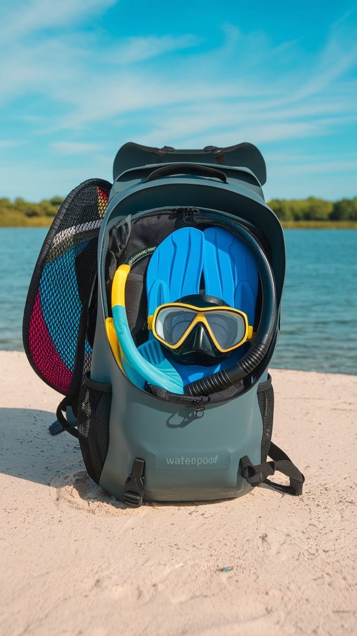 A waterproof backpack with snorkeling gear, including fins and a mask, placed on a sandy beach near the water.