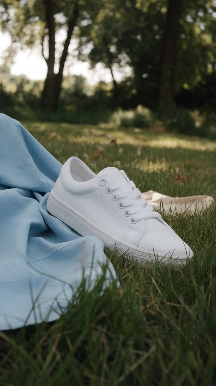 White sneakers beside a light blue dress on grass.