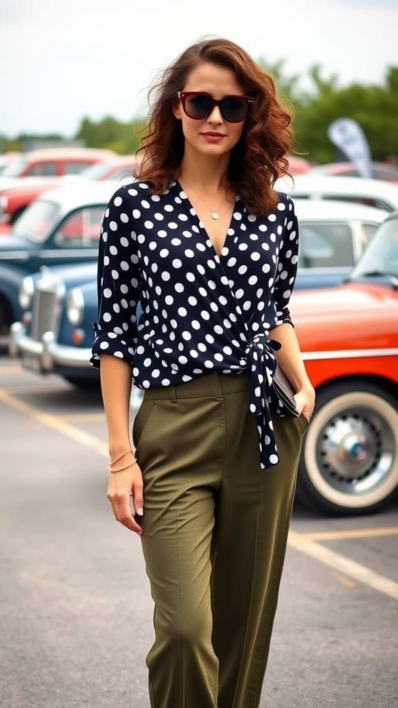 Woman wearing a polka dot wrap top and olive green pants, standing confidently with sunglasses.