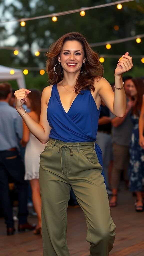A woman wearing a sapphire wrap top and olive green pants, walking confidently at an outdoor event.